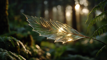 Sun-Kissed Leaf in the Wilderness: A close-up of a single, translucent leaf bathed in the ethereal glow of sunlight filtering through a forest canopy.