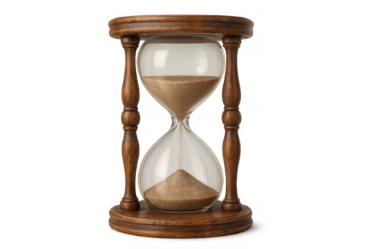 Wooden hourglass marking time, sand trickling between glass chambers against clear backdrop