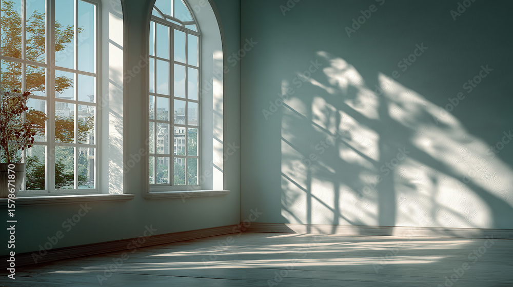 Poster sunlit serenity: sunlight streams through an arched window, casting dancing shadows on a minimalist 