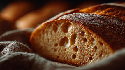Artisan Loaf's warm Embrace: A close-up of freshly baked, crusty artisan bread reveals its beautiful texture and inviting golden-brown crust, evoking feelings of warmth and comfort.
