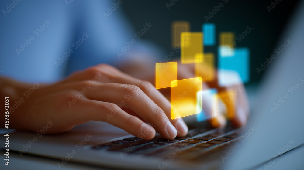 Poster hands typing on a laptop with floating folder nodes in a digital background