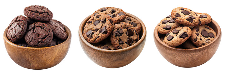 Set of chocolate cookies in a wooden bowl isolated on transparent background