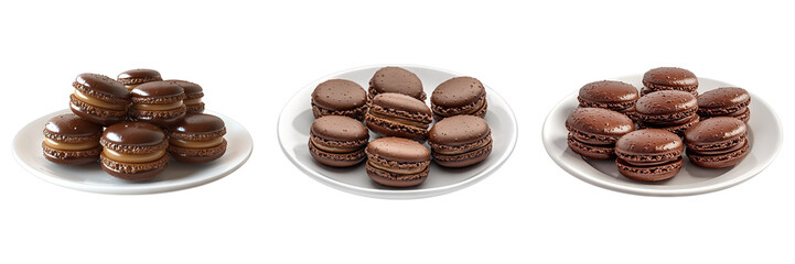 Set of chocolate macarons on white plate isolated on transparent background