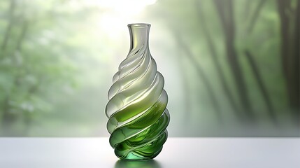 Transparent artistic vase with green gradient swirling texture, on light table, hazy green natural background, creating a fresh and artistic atmosphere