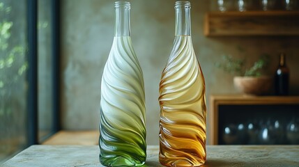 Two unique transparent glass bottles with wave textures, gradient green and yellow, on rustic table, simple interior background, showing natural and fresh artistic beauty
