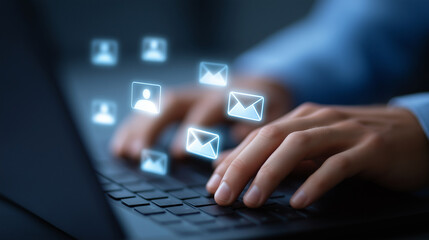 Close-up typing on a keyboard with floating email envelopes and avatars