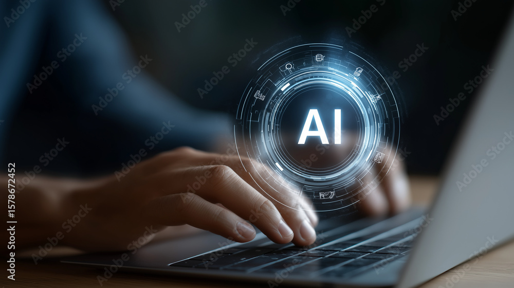 Aufkleber hands typing on laptop with ai interface in digital environment
