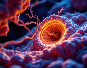 ribosome bound to er synthesizing secretory proteins, glowing polypeptide threading into er lumen, biological detail with membrane folds and molecular action.