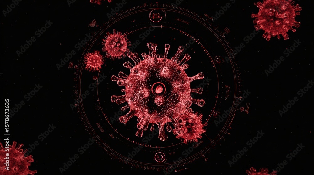 Poster digital animation showing virus multiplication process with red alert overlay highlighting virus det