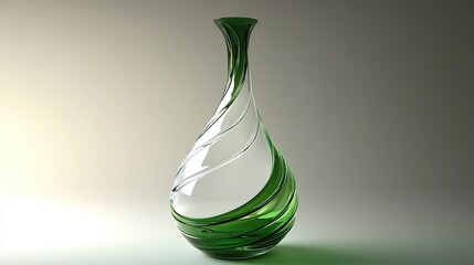 Transparent Glass Vase with Green Spiral Texture, Light Background