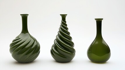 Three Green Glass Vases with Spiral Textures, White Table