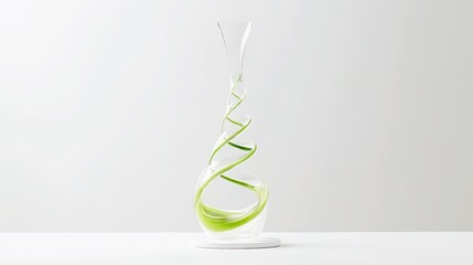 Unique Transparent Glass Vase with Green Spiral Texture, White Table