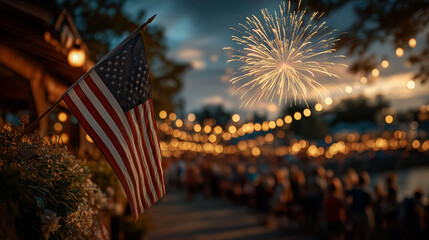 American Independence Celebration: Festive scene of an American Independence Day celebration with an American flag and fireworks. The warm, inviting glow of the lighting illuminates a vibrant crowd.