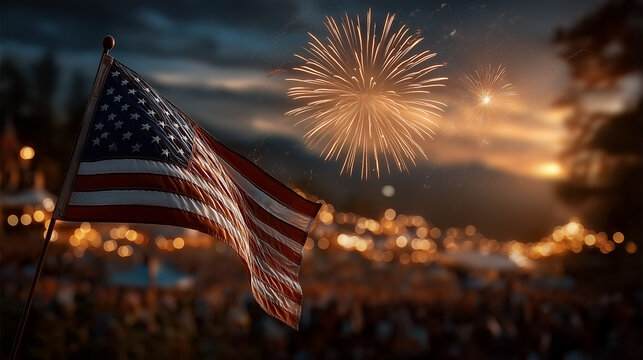 American Independence Day Fireworks: A captivating moment of patriotism unfolds as an American flag proudly waves amidst a dazzling fireworks display, illuminating a festive gathering.