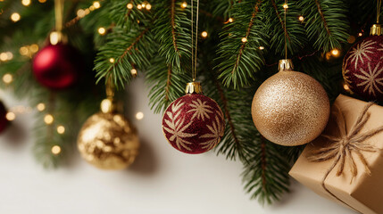 Obraz premium Festive Embellishments: A close-up image of holiday season ornaments, the Christmas tree, evokes a sense of joy, tradition, and festive spirit.