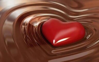 Flowing chocolate sauce forming a ，with a smooth red heart embedded, creating a romantic and warm atmosphere through the blend of sweetness and love