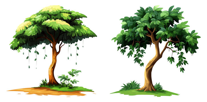 Cartoon trees with slanted trunks isolated on transparent PNG image perfect for educational visuals or fantasy landscapes
