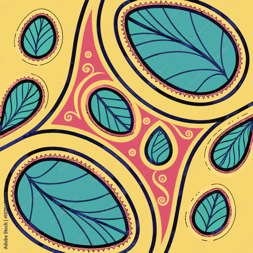 Poster whimsical leaf pattern with geometric shapes and swirls in teal pink and yellow a fun and playful de