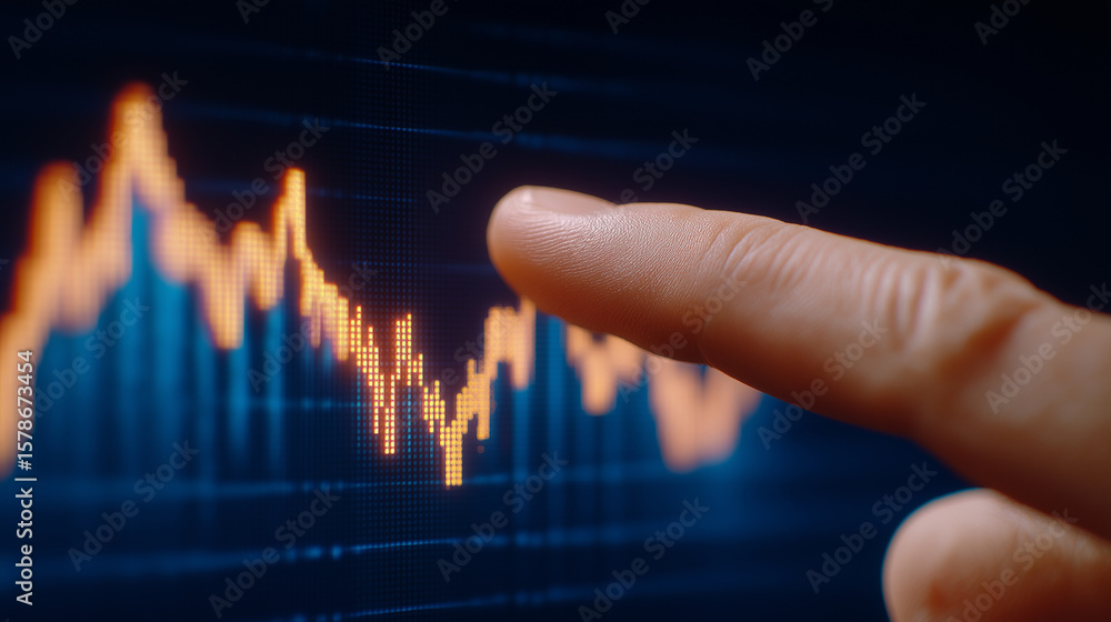 Poster close-up of a finger pointing at holographic stock chart interface