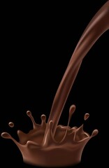 Splash of brown chocolate liquid against black background, showing dynamic flow moment