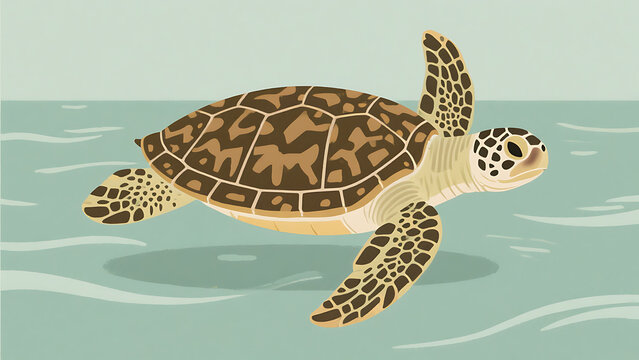 Sea Turtle swimming in calm ocean water, detailed illustration of a Hawksbill sea turtle with brown and beige shell gracefully moving through turquoise water, wildlife conservation concept
