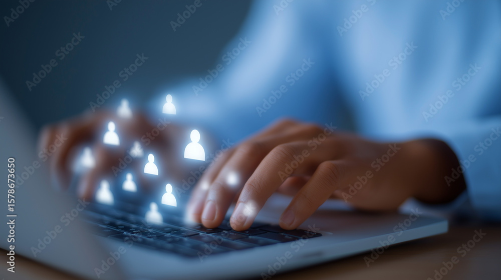 Poster close-up of hands typing on laptop with user avatars grid overlay