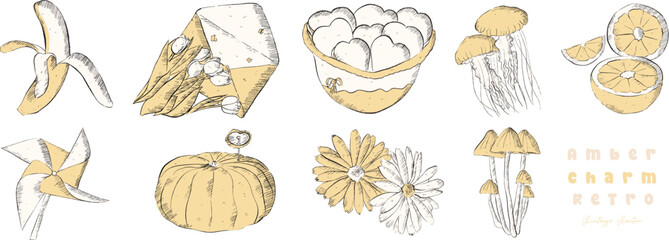 Amber ChA Sunny Assortment of Yellow Delights: Banana, Letter, Cookie, Jellyfish, Lemon, Windmill Toy, Pumpkin, Flowers, Mushroom - clipart vintage style illustration | Vectorarm Retro Vintage Vector