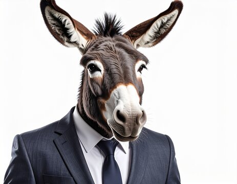 Donkey-headed businessman in a suit embodies satirical wisdom, rugged stubbornness, and surreal identity fusion