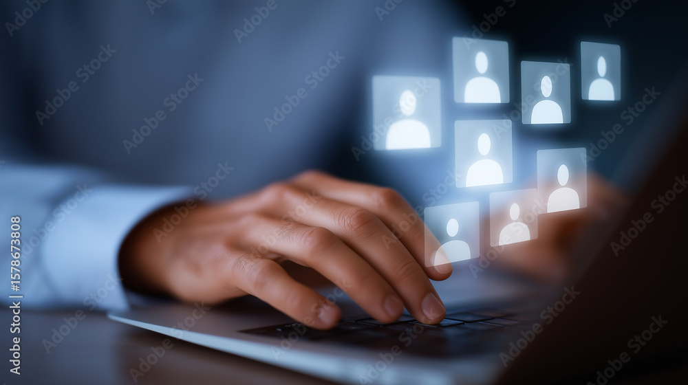 Poster close-up of hands typing with digital interface and user profiles