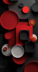 Arrangement of red, black, and white geometric shapes on dark background, showing minimalist artistic charm