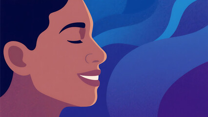 Obraz premium Serene profile portrait of a smiling Black woman, peaceful and joyful expression against an abstract blue and purple background