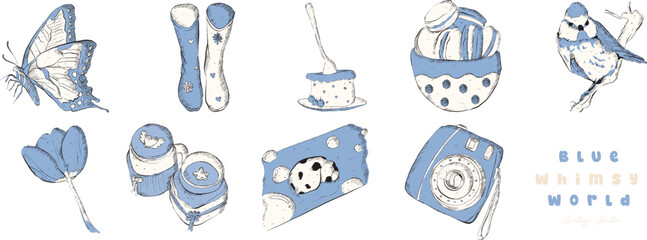 A Charming Collection of Blue & White Vintage Delights: Butterfly, Boots, Cake, Macaron, Bird, Tulip, Jam jar, Ladybug, Camera - clipart retro style illustration   Vector © Kufareesah