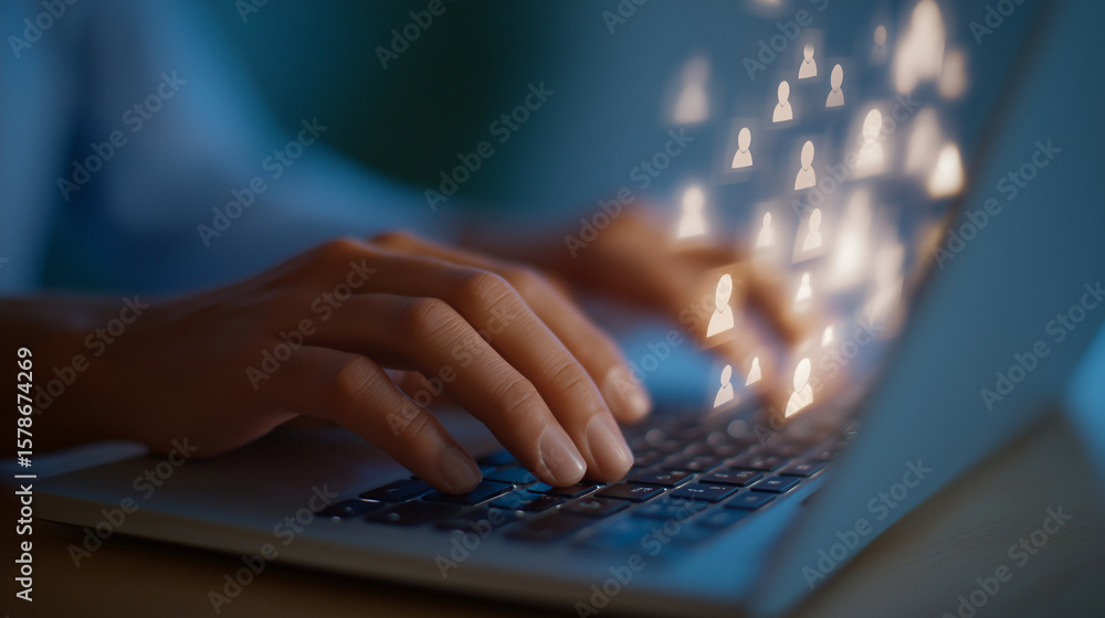 Poster typing on a laptop with user icons overlay in a digital space