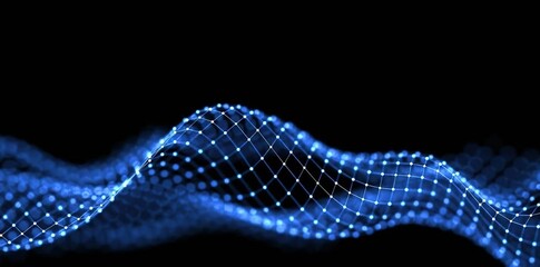 Wave form of blue dots and lines on black background, showing technological movement, interpreting rhythm and innovation in digital era