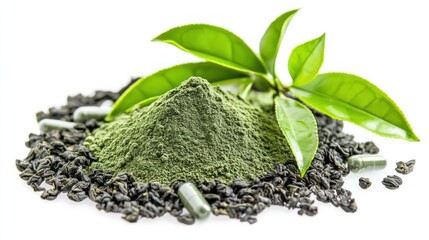 Green powder supplement with tea leaves and capsules