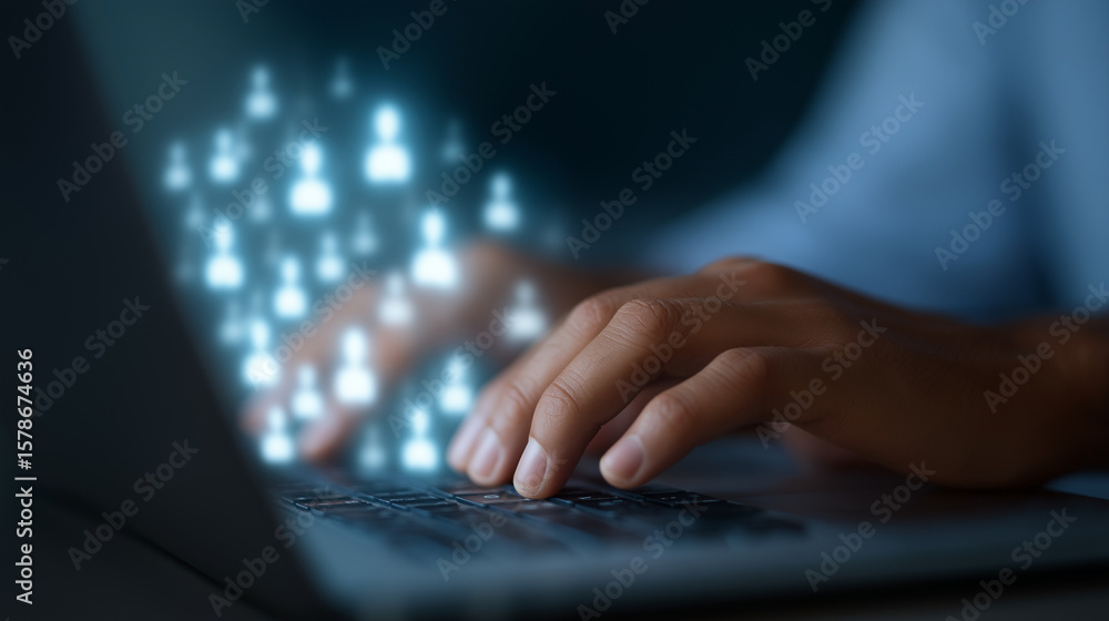 Poster hands typing on a laptop with user avatars in digital space