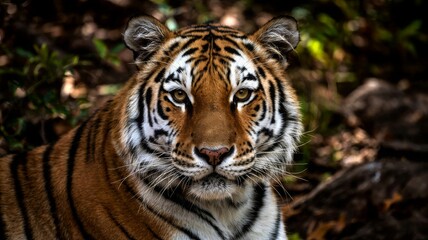 Close up portrait of a majestic bengal tiger with striking orange and black stripes