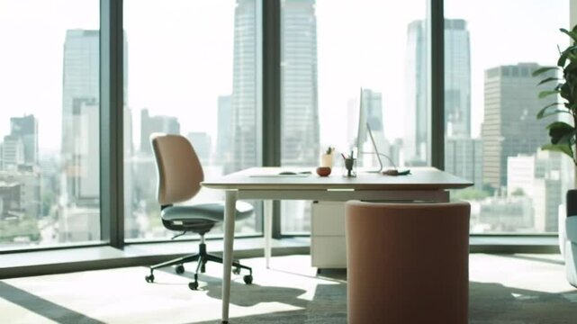 A bright office interior with views of the city center, featuring a modern desk and chair set, a soft color palette, and a neat layout without human presence.