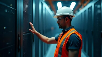 Male engineer checking server panel in data center with professional uniform and helmet - Powered by Adobe