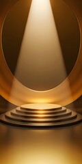 Modern luxury podium with curved gold platform under overhead spotlight, deep golden textured background for elegant product display
