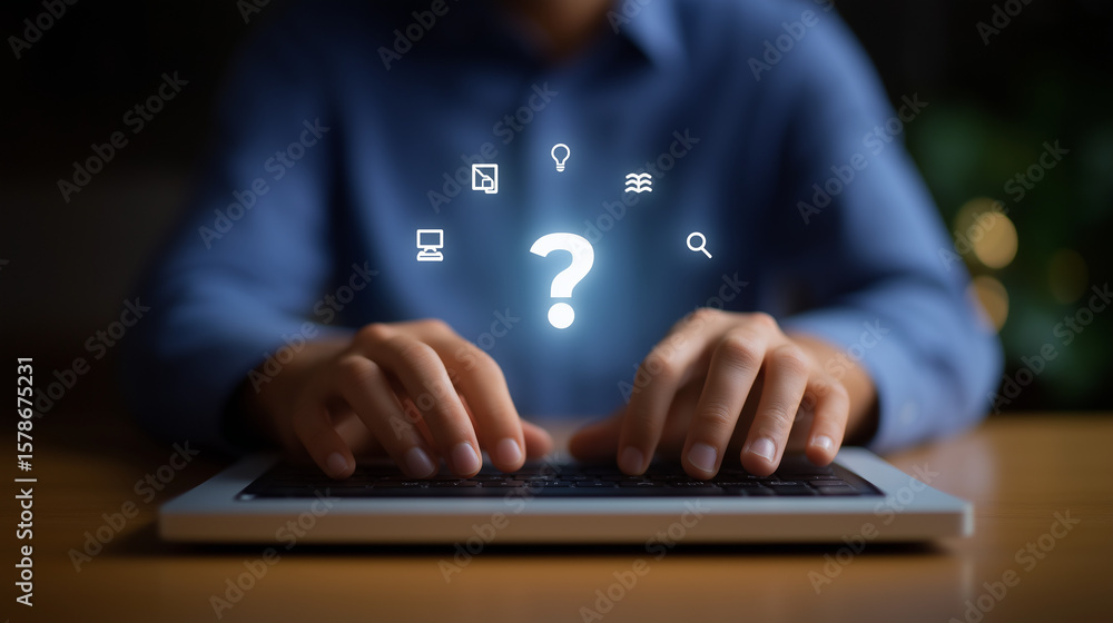 Poster close-up of hands typing on a laptop with chatbot interface