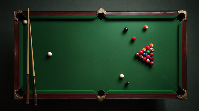 billiard table with balls and cue