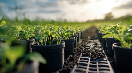 Rows of young pepper plants in small pots
