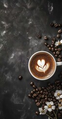 Cup of coffee with latte art, surrounded by coffee beans and white flowers on dark rough background, creating a cozy coffee time atmosphere