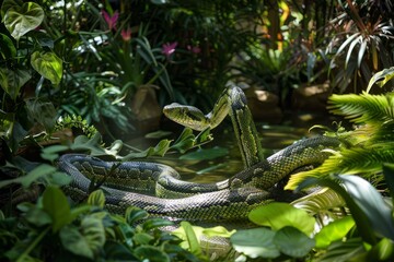 Large green python emerging from dense tropical vegetation and a tranquil pond in a captivating natural habitat