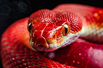 Fototapeta premium Vibrant red snake coiled on itself, creating a mesmerizing display of color and texture against a dark background with smoke
