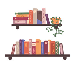 Books on the shelf. Flat vector illustration. Home library. Kids books, fantasy, novel, romance, detective, folk, fairy tales.