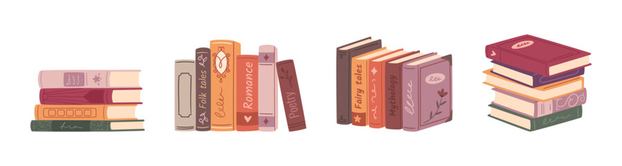 Flat cozy books collection. Stickers for a reading journal. Novel, fairy tale, romance, folk tales, poetry book.