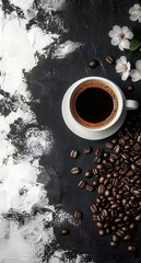 Cup of black coffee on white saucer, with coffee beans and white flowers on black - and - white mottled background, conveying pure coffee charm