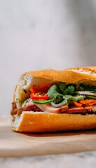 Street-style Vietnamese bánh mì sandwich sliced in half